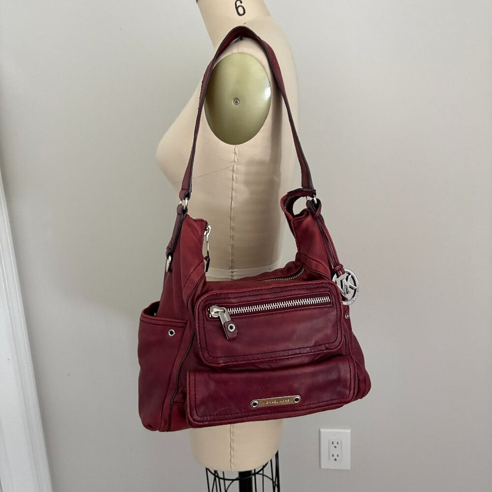 MICHAEL Michael Kors Distressed Red Leather Shoulder Bag Slouchy Hobo Y2K Glam